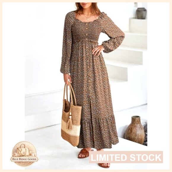 Boho Floral Maxi Dress Smocked Empire Waist Square Neck Long Sleeve Button Beach - Picture 4 of 7